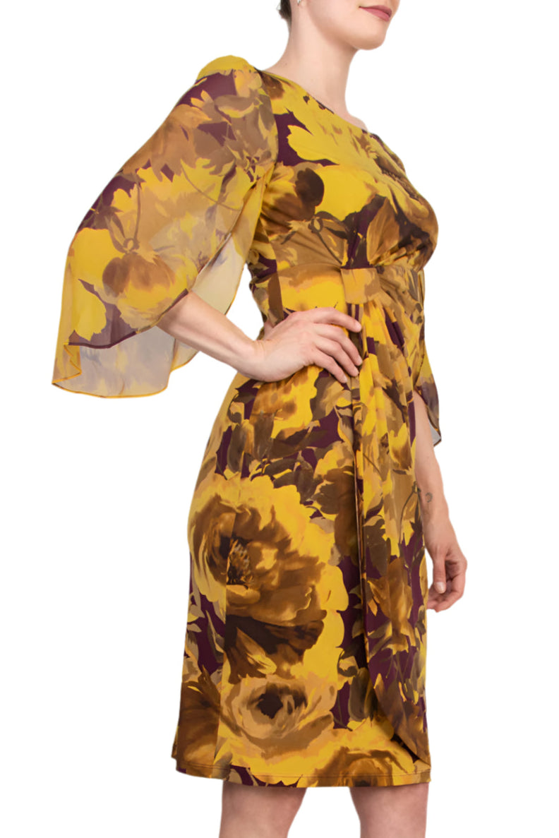 Connected Apparel Earthy Floral Boat Neckline Organza Cuffs Faux Wrap Sheath Dress - BLACK GOLD - Side
