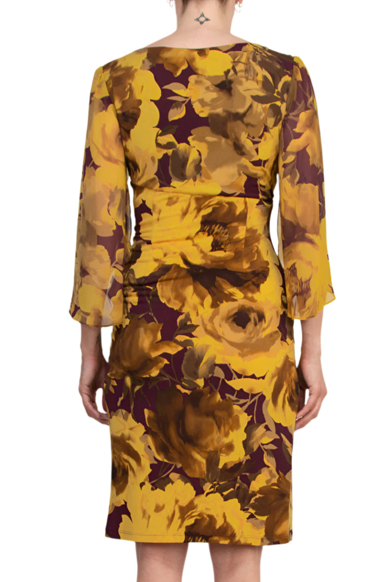 Connected Apparel Earthy Floral Boat Neckline Organza Cuffs Faux Wrap Sheath Dress - BLACK GOLD - Back
