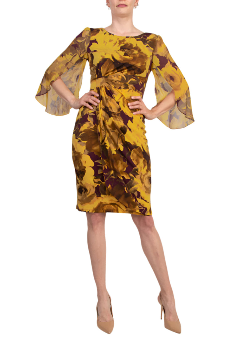 Connected Apparel Earthy Floral Boat Neckline Organza Cuffs Faux Wrap Sheath Dress - BLACK GOLD - Front