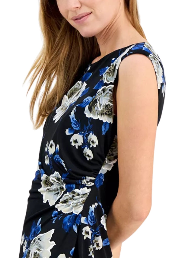 Connected Apparel Floral Print Scoop Neckline Cap Sleeve Side Gathered Sheath Dress - BLACK - Side View
