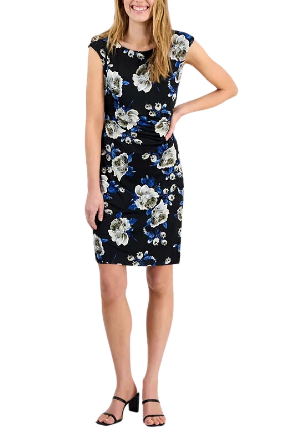 Connected Apparel Floral Print Scoop Neckline Cap Sleeve Side Gathered Sheath Dress - BLACK - Front