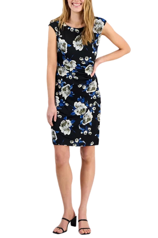 Connected Apparel Floral Print Scoop Neckline Cap Sleeve Side Gathered Sheath Dress - BLACK - Front