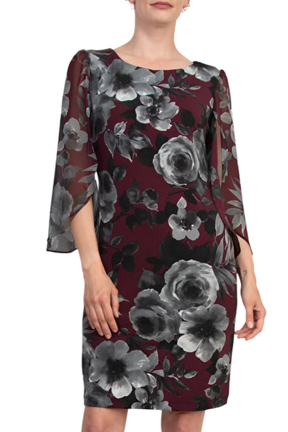 Connected Apparel Boat Neckline Slit Chiffon Sleeves Floral Print ITY Shift Dress - BORDEAUX - Front View