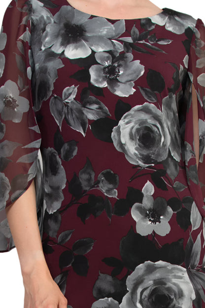 Connected Apparel Boat Neckline Slit Chiffon Sleeves Floral Print ITY Shift Dress - BORDEAUX - Fabric