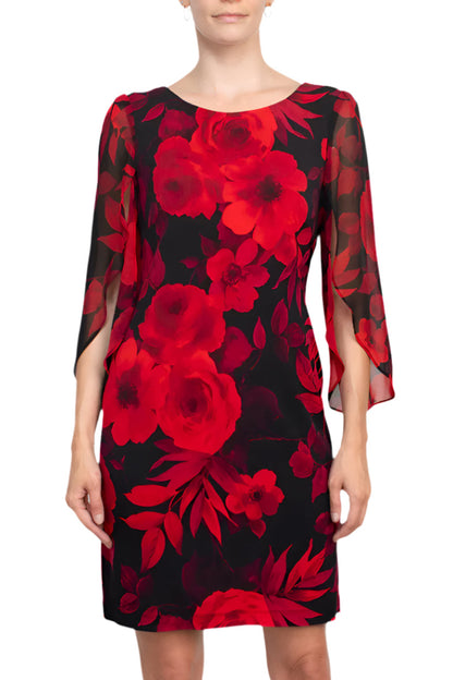 Connected Apparel Boat Neckline Slit Chiffon Sleeves Floral Print ITY Shift Dress - RED - Front