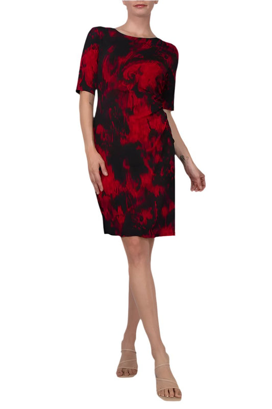 Connected Apparel Bateau Neck Quarter Sleeve Jersey Sheath Dress - RED - Front 