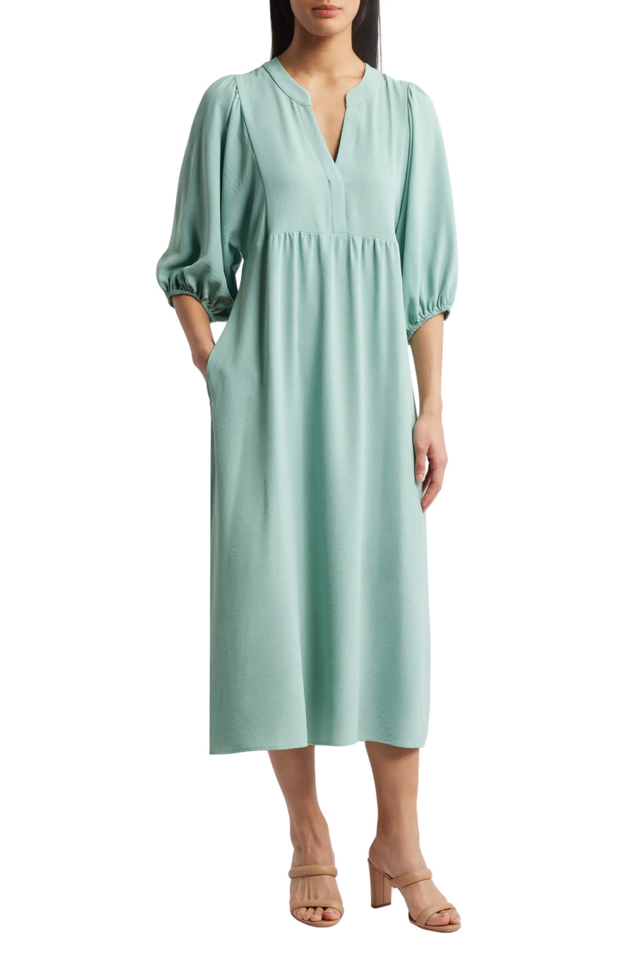 Seafoam V-Neck Tea-Length Crepe Casual Maxi Dress Pockets Connected Apparel TRM54766