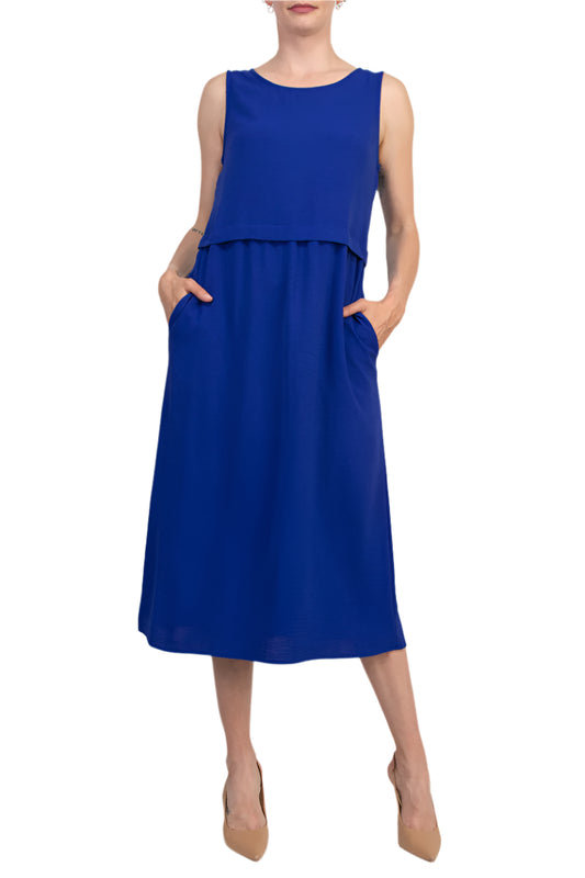Connected Apparel Natural Seam Waistline Side Pocket Round Neckline Midi Dress - SAPPHIRE - front