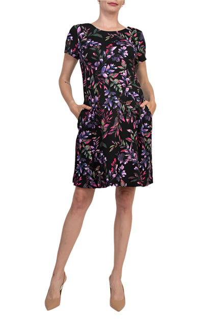 Connected Apparel Rounded Boat Neckline All-Over Floral Print Side Seam Pockets A-Line Dress - CHERRY - FRONT VIEW