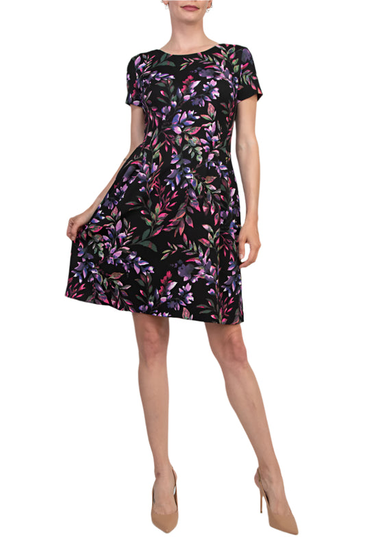 Connected Apparel Rounded Boat Neckline All-Over Floral Print Side Seam Pockets A-Line Dress - CHERRY_front