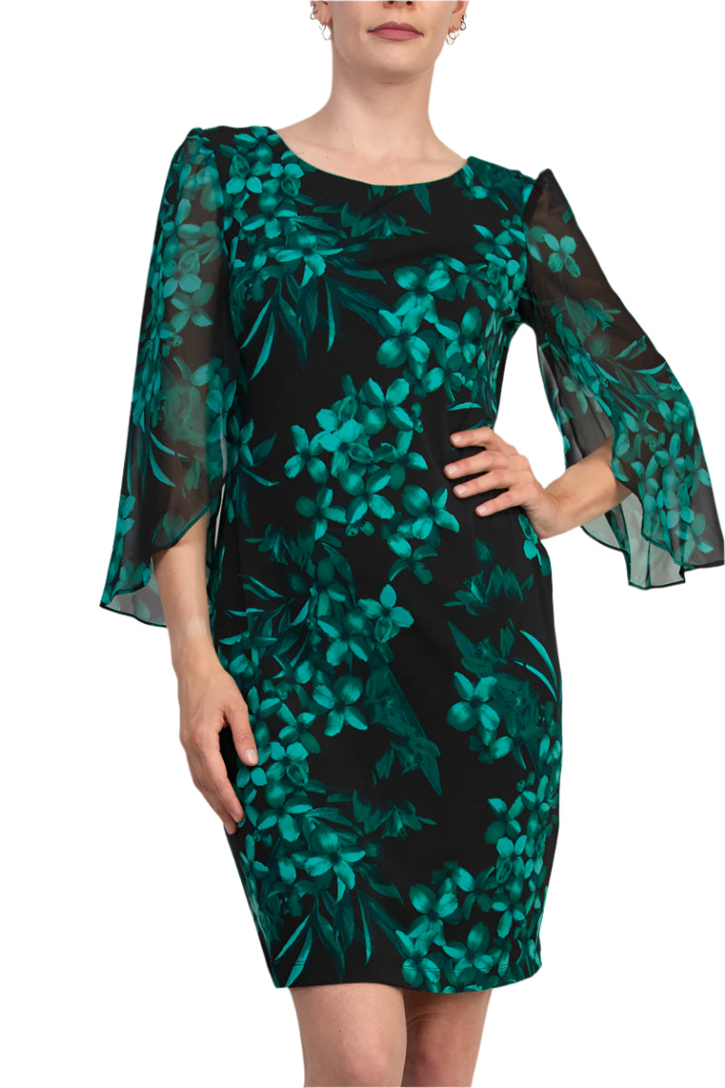 Connected Apparel Floral Detail Three-Quarter Split Sleeves Sheath Dress - HUNTER - front view