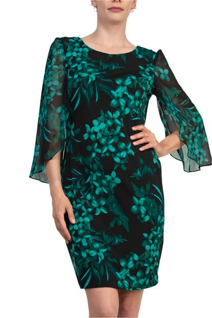 Connected Apparel Floral Detail Three-Quarter Split Sleeves Sheath Dress - HUNTER - front view