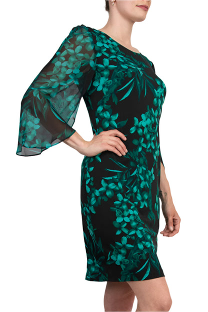 Connected Apparel Floral Detail Three-Quarter Split Sleeves Sheath Dress - HUNTER - side