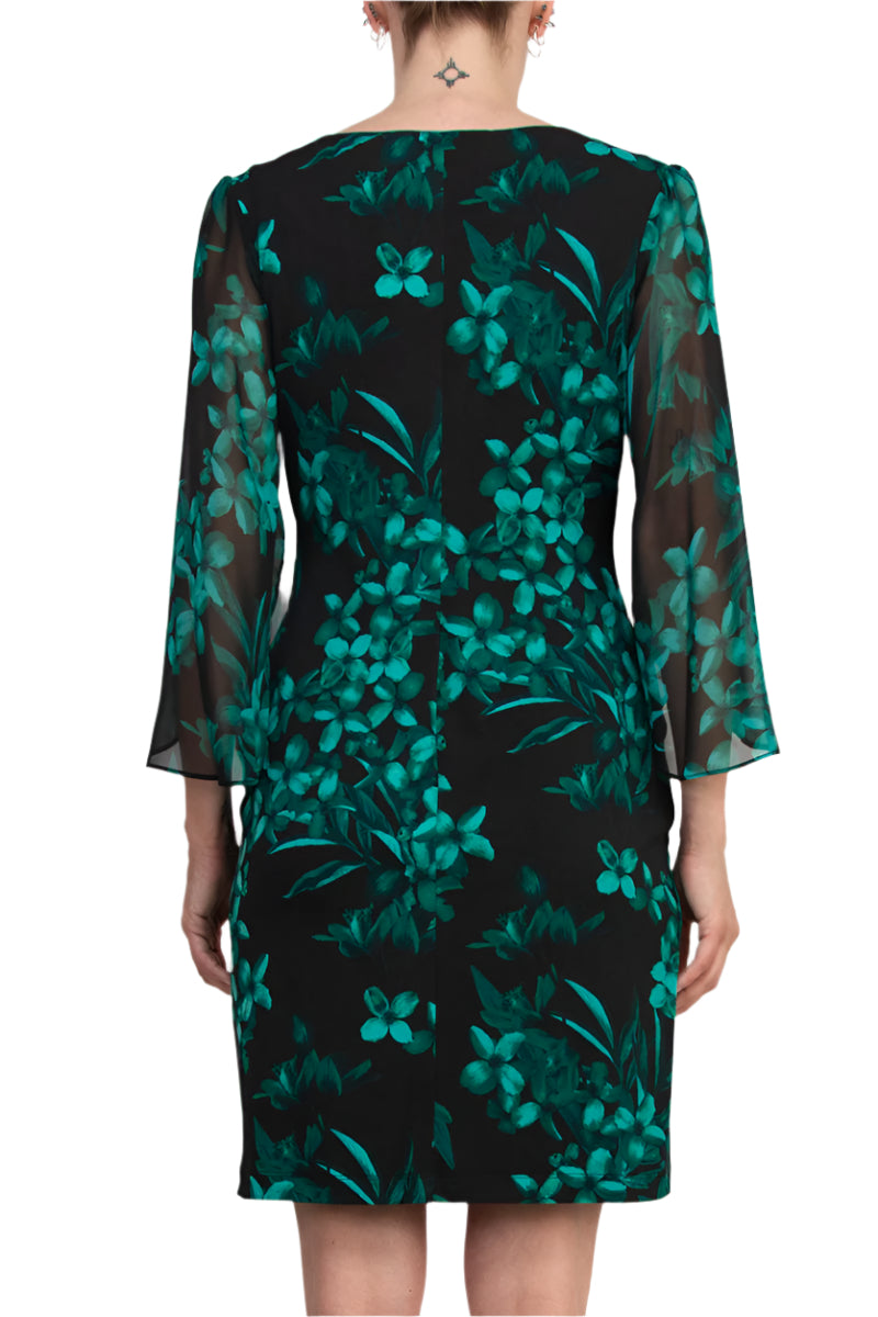 Connected Apparel Floral Detail Three-Quarter Split Sleeves Sheath Dress - HUNTER - Back