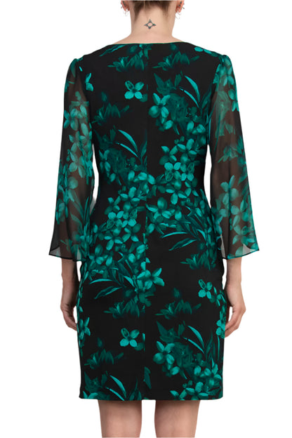 Connected Apparel Floral Detail Three-Quarter Split Sleeves Sheath Dress - HUNTER - Back