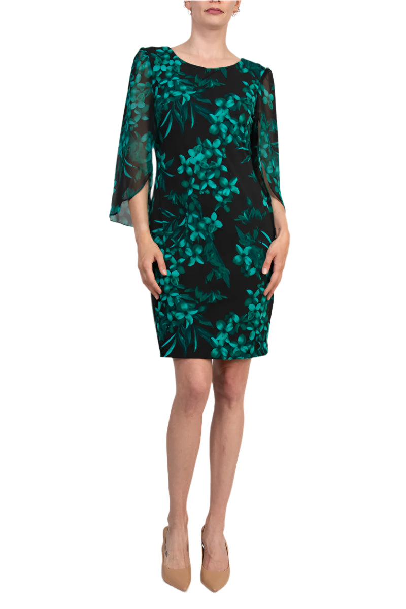 Connected Apparel Floral Detail Three-Quarter Split Sleeves Sheath Dress - HUNTER - front
