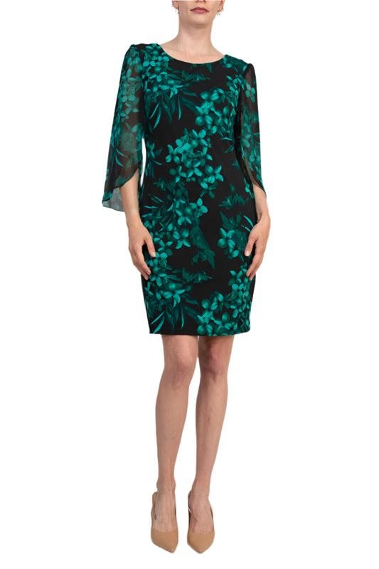 Connected Apparel Floral Detail Three-Quarter Split Sleeves Sheath Dress - HUNTER - front