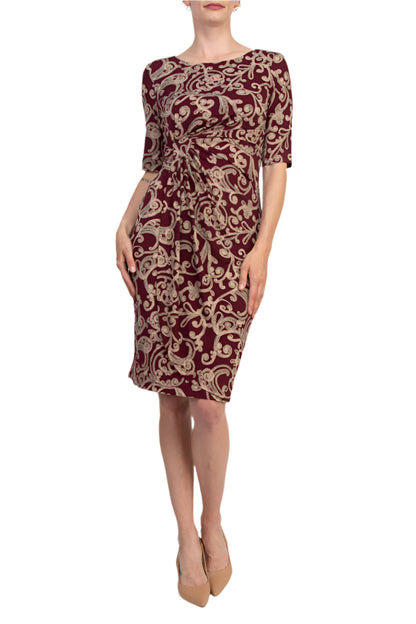 Connected Apparel Lisa Wine Faux Wrap Sheath Silhouette Dress - WINE - FRONT VIEW