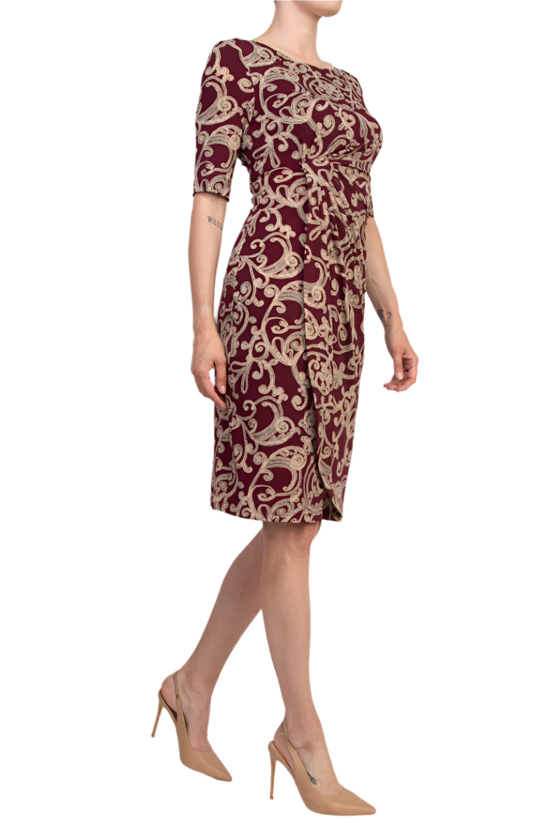 Connected Apparel Lisa Wine Faux Wrap Sheath Silhouette Dress - WINE - SIDE VIEW