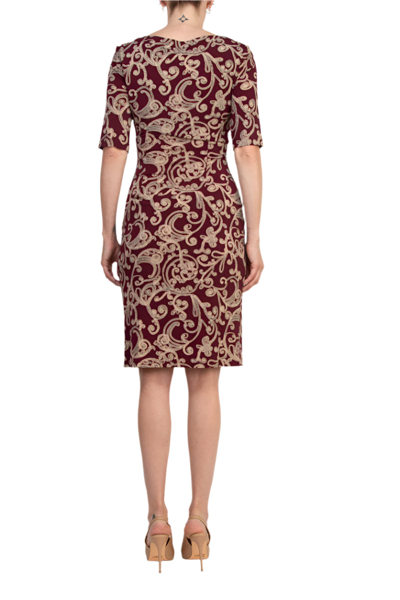 Connected Apparel Lisa Wine Faux Wrap Sheath Silhouette Dress - WINE - Back