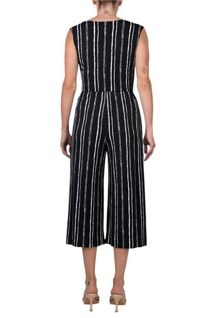 Connected Apparel Surplice Neck Sleeveless Faux Tie Side Jersey Jumpsuit