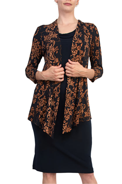 Connected Apparel Cowl Neck Straight Midi Dress with Attached Three-Quarter Sleeves Jacket - MIDNIGHT - front view