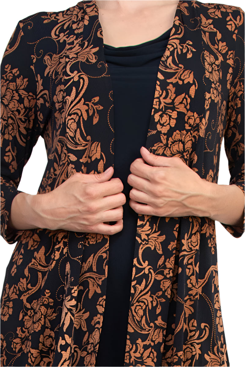 Connected Apparel Cowl Neck Straight Midi Dress with Attached Three-Quarter Sleeves Jacket - MIDNIGHT - fabric 