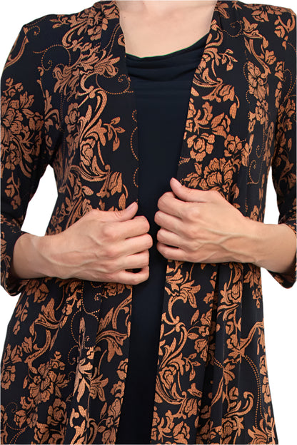 Connected Apparel Cowl Neck Straight Midi Dress with Attached Three-Quarter Sleeves Jacket - MIDNIGHT - fabric 