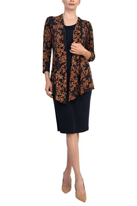 Connected Apparel Cowl Neck Straight Midi Dress with Attached Three-Quarter Sleeves Jacket - MIDNIGHT - front