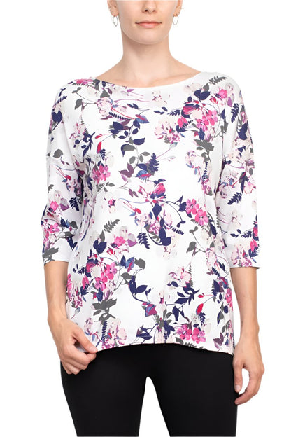 Joan Vass NY Open Crew Neck 3/4 Sleeve Printed Jersey Top with Back Seam Detail