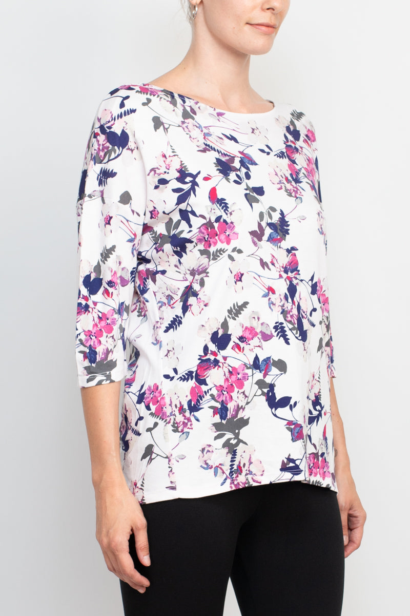 Joan Vass NY Open Crew Neck 3/4 Sleeve Printed Jersey Top with Back Seam Detail