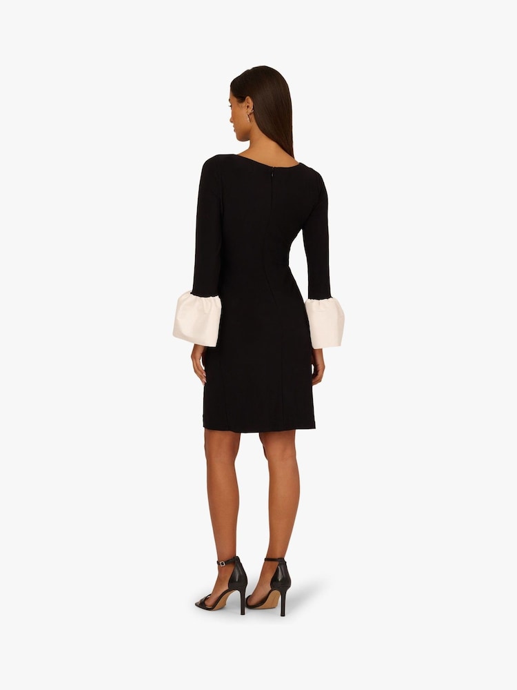 Black Bateau Knee-Length Crepe Cocktail Sheath Dress Contrast Cuff Sleeves Adrianna Papell AP1D106098