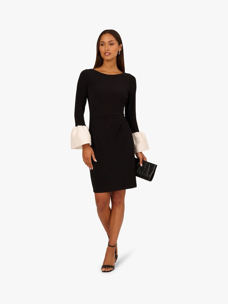 Black Bateau Knee-Length Crepe Cocktail Sheath Dress Contrast Cuff Sleeves Adrianna Papell AP1D106098