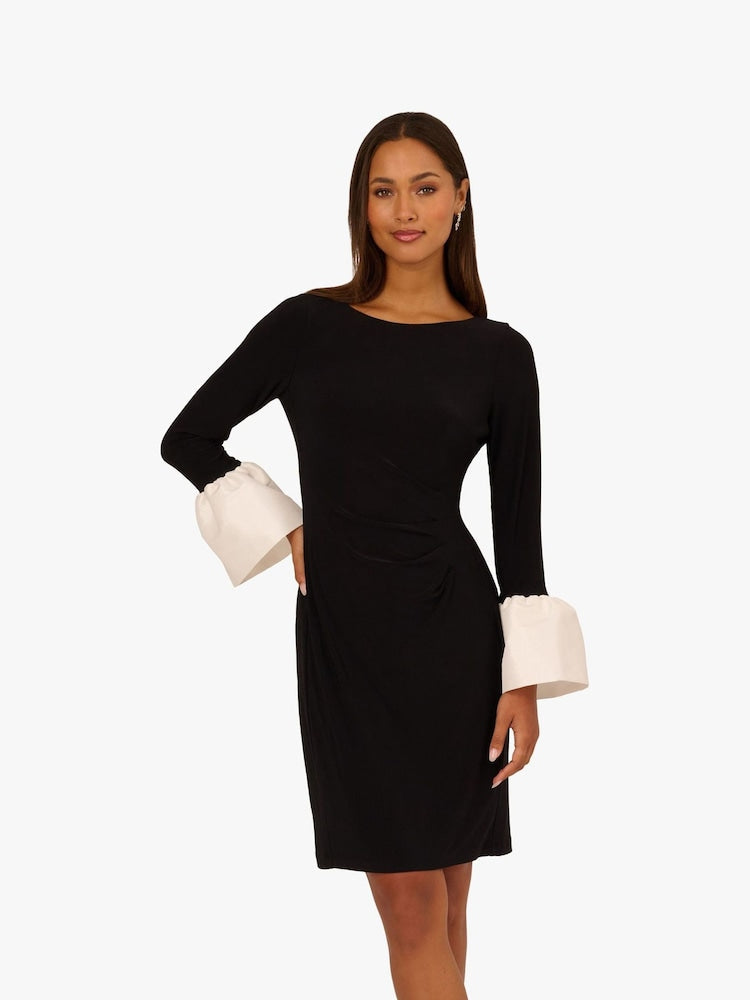 Black Bateau Knee-Length Crepe Cocktail Sheath Dress Contrast Cuff Sleeves Adrianna Papell AP1D106098