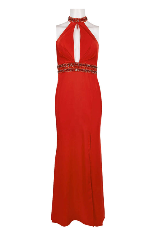 Dave & Johnny Embellished Halter Neck Slit Front Embellished Waist Zipper Back Cutout Back Satin Gown - RED - Front View