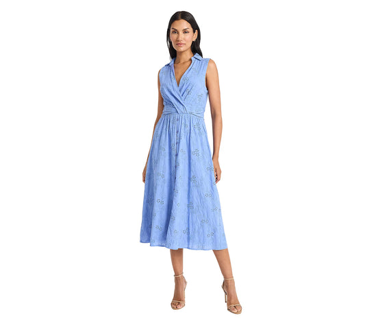 Maggy London Mock Neck Short sleeve Dress in Blue G6447M