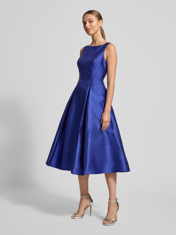Bateau Midi Length Satin Twill Wedding Guest Dress with Pleated A Line Skirt and Pockets Adrianna Papell 41899070