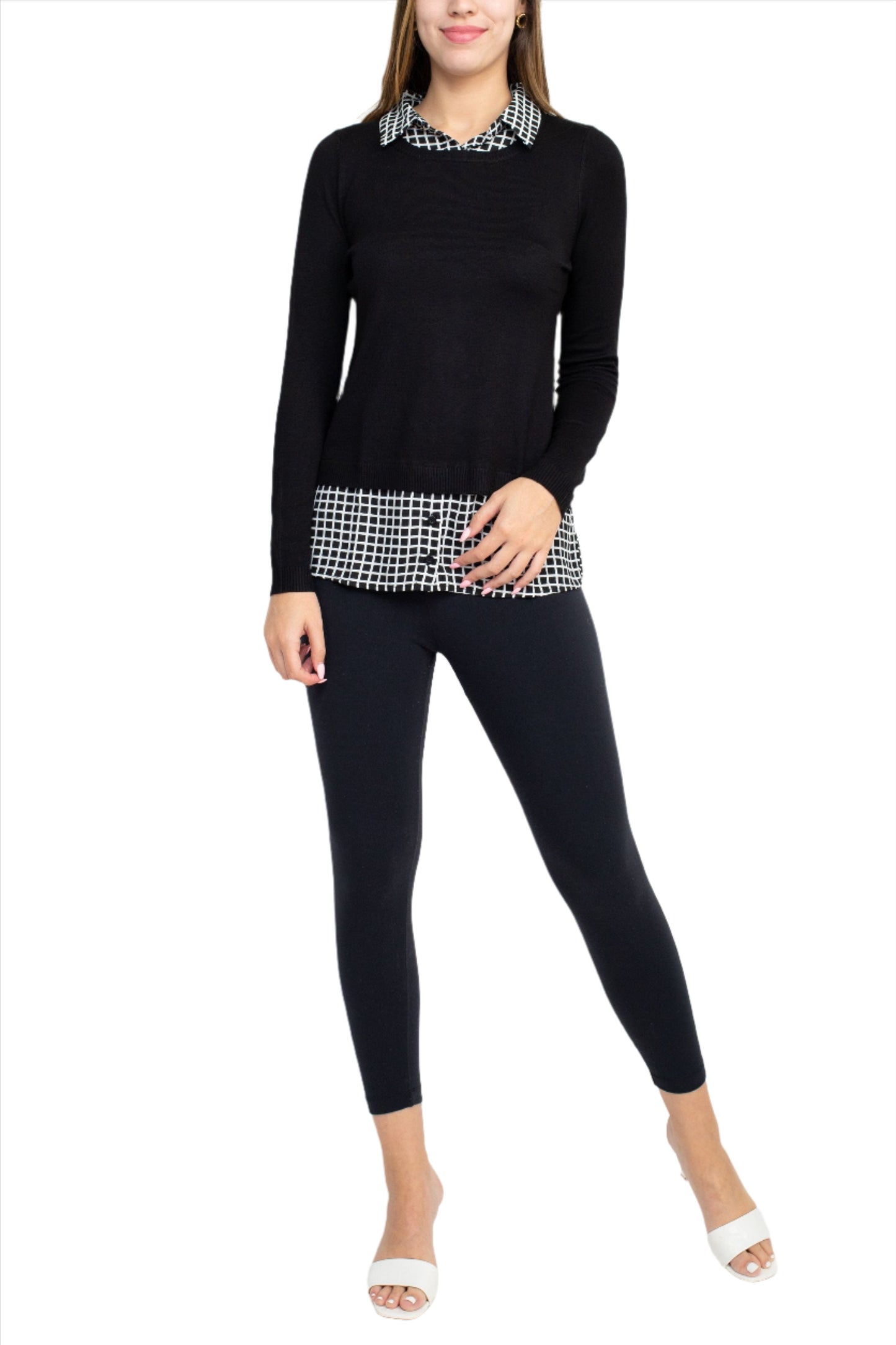 Adrianna Papell Collared Long Sleeve Twofer Viscose Top - Wholesale - BLACK - Front full view