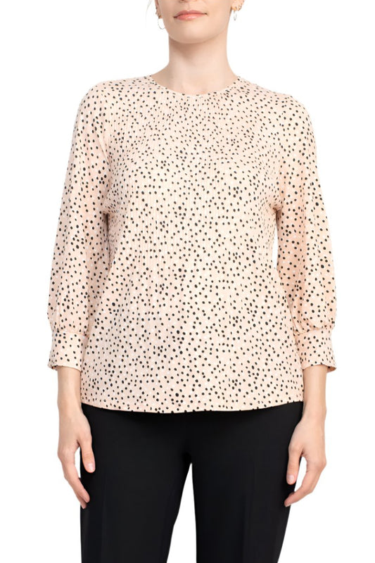 Adrianna Papell Crew Neck 3/4 Sleeves Crepe Top - CHAMPAGNE BLACK - Front
