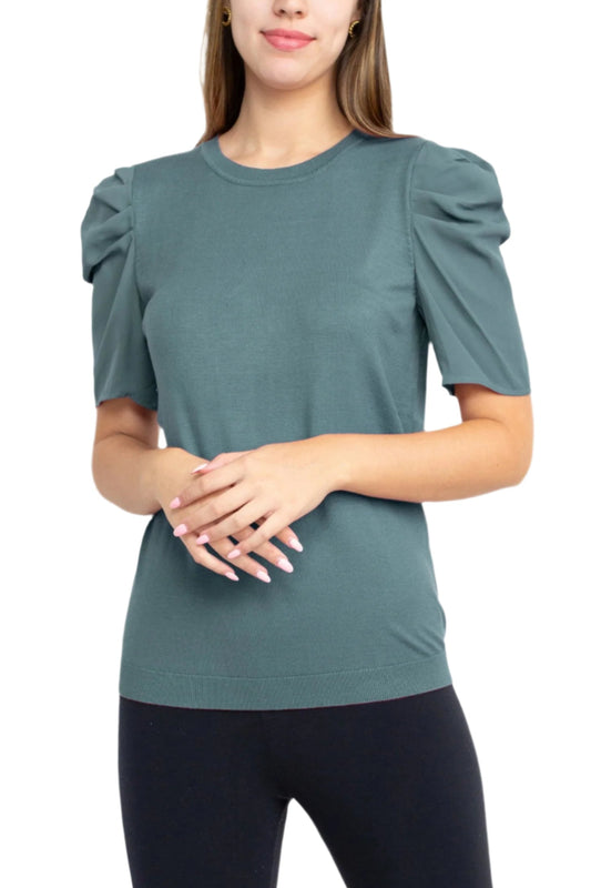 Adrianna Papell Crew Neck Short Sleeve Ruffled Shoulder Solid Knit Top - TROPOSPHERE - Front