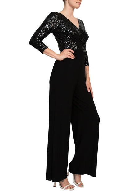 Adrianna Papell Sequin Faux Wrap V-Neck Jumpsuit - Wholesale  - Black - Side view