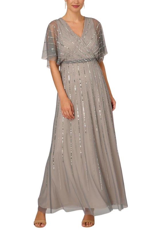 Adrianna Papell Flutter Sleeve Surplice Blouson Beaded Gowns - Wholesale - PEWTER SILVER - Front 