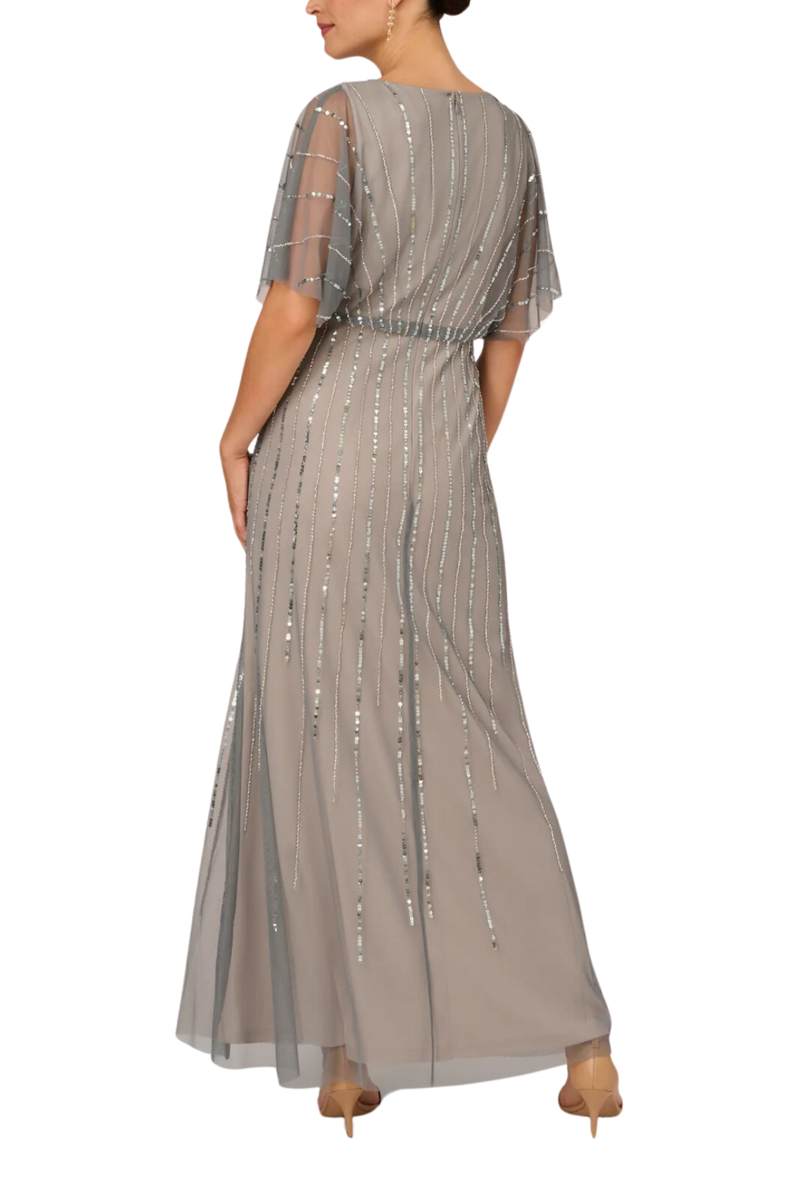 Adrianna Papell Flutter Sleeve Surplice Blouson Beaded Gowns - Wholesale - PEWTER SILVER - Back 