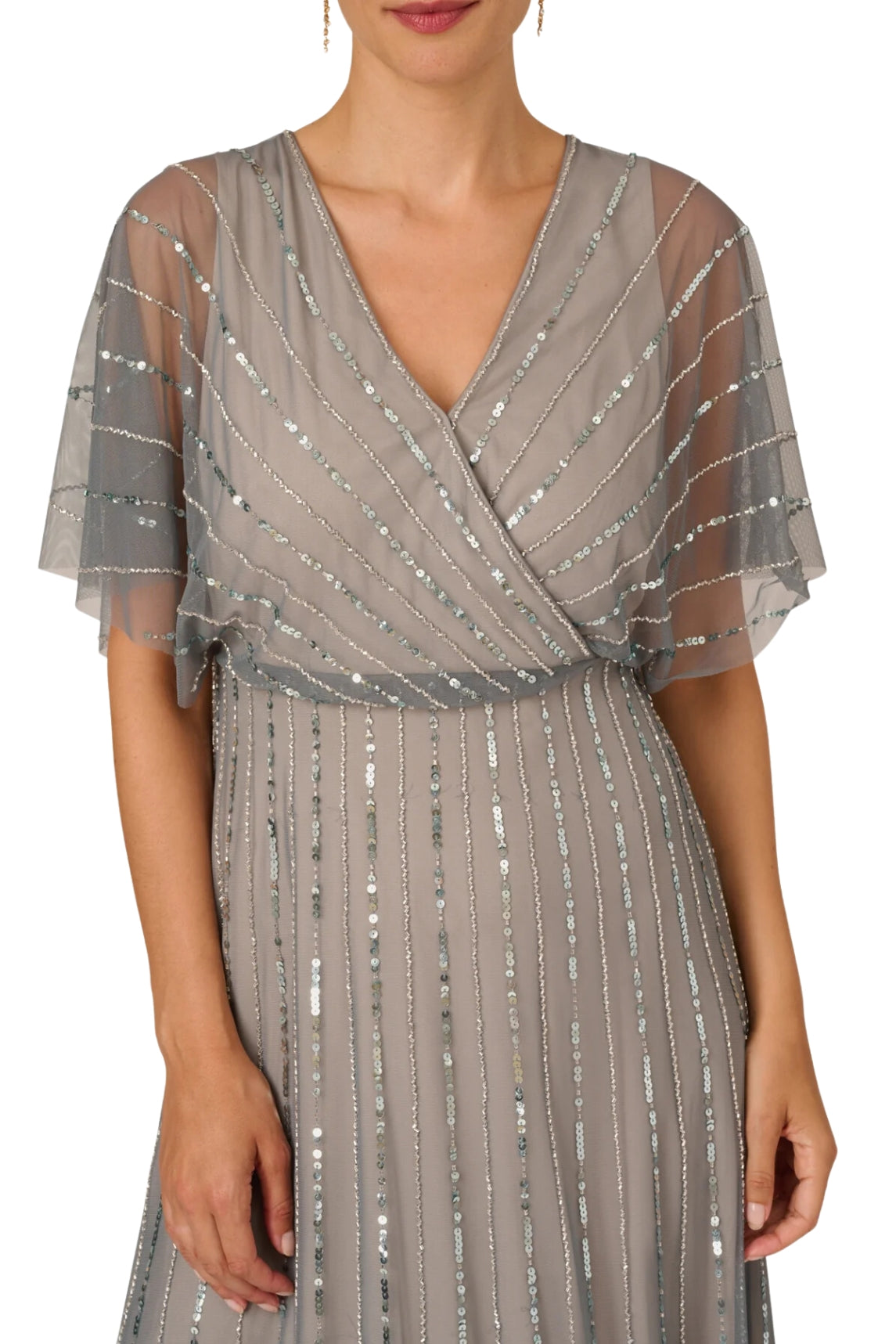 Adrianna Papell Flutter Sleeve Surplice Blouson Beaded Gowns - Wholesale - PEWTER SILVER - Fabric 