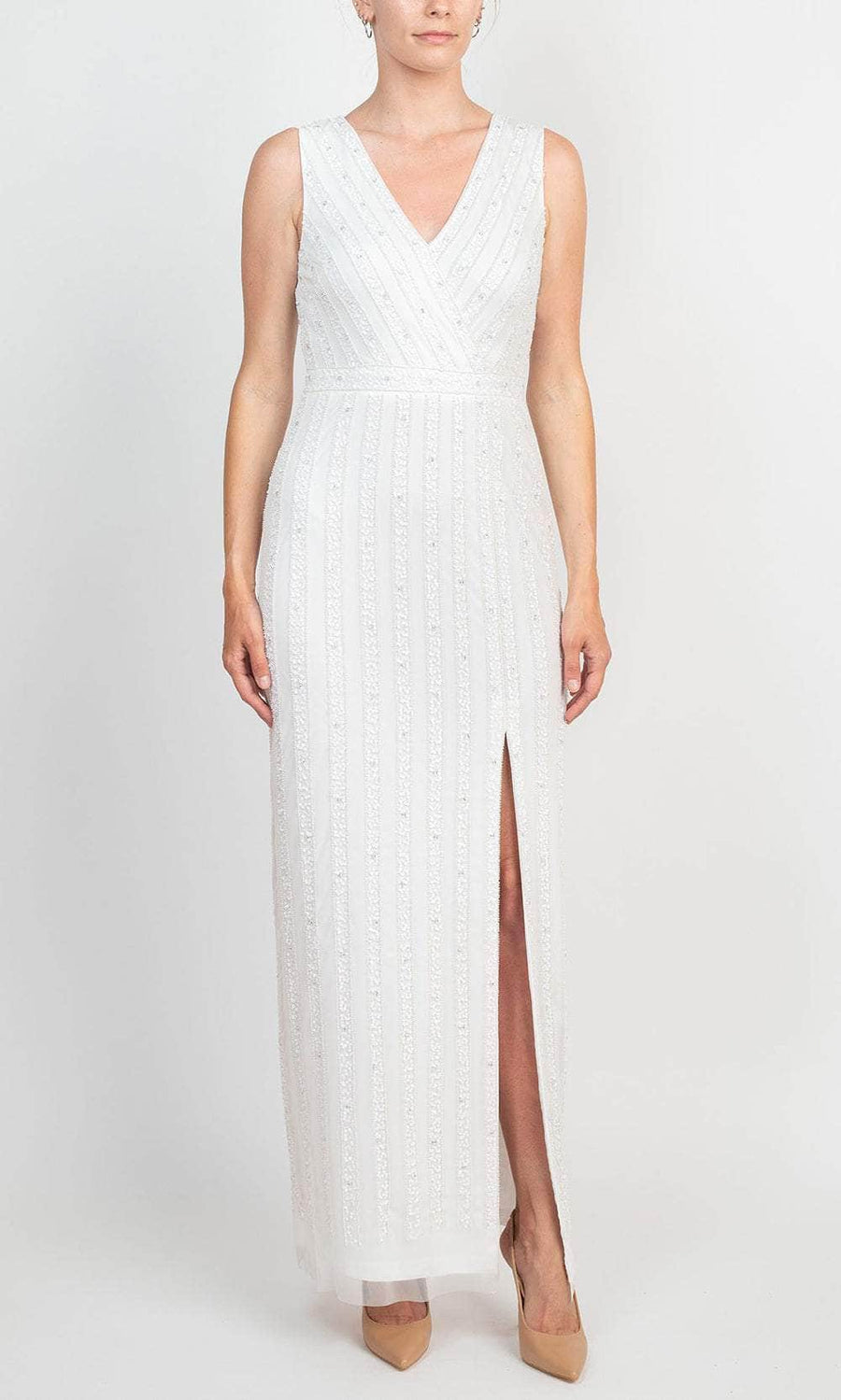 V-Neck Floor-Length Beaded Tulle Formal Sheath Gown Adrianna Papell AP1E208752