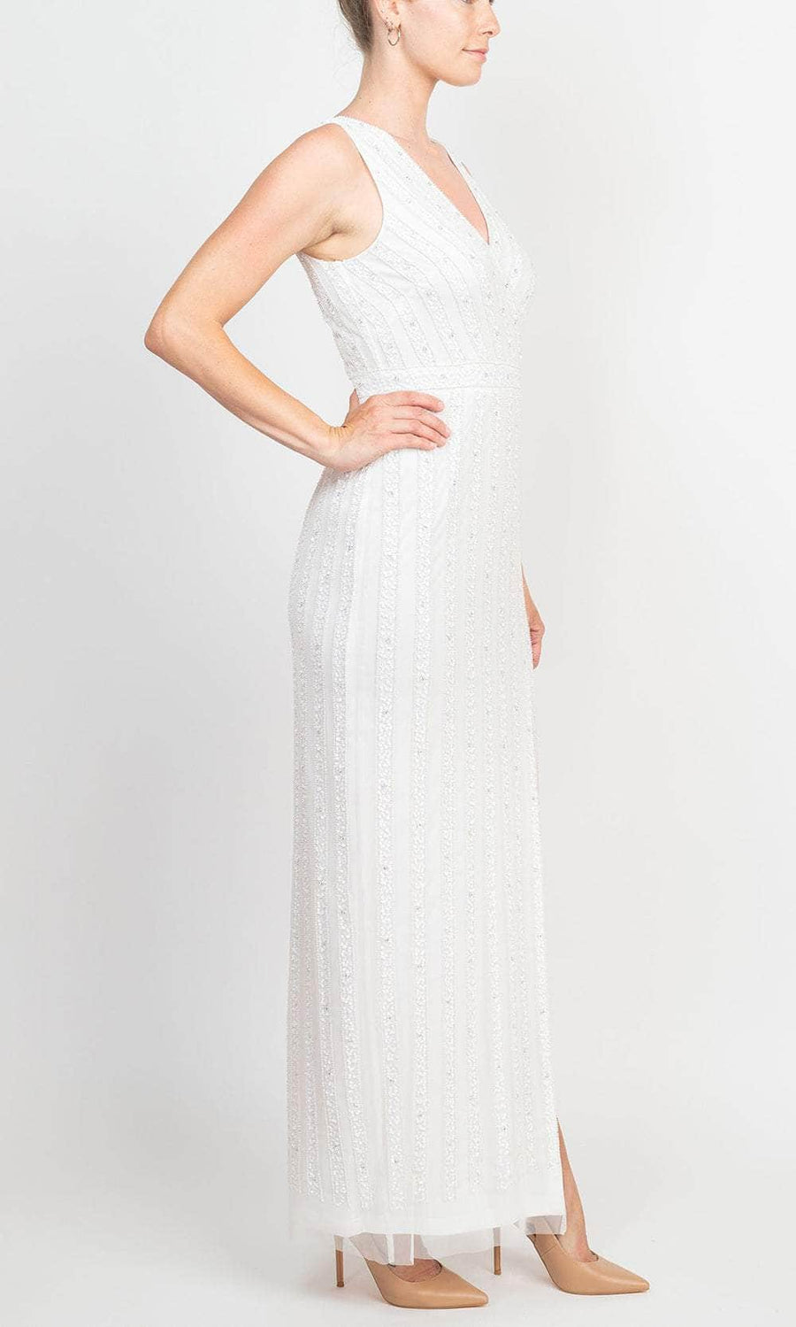 V-Neck Floor-Length Beaded Tulle Formal Sheath Gown Adrianna Papell AP1E208752