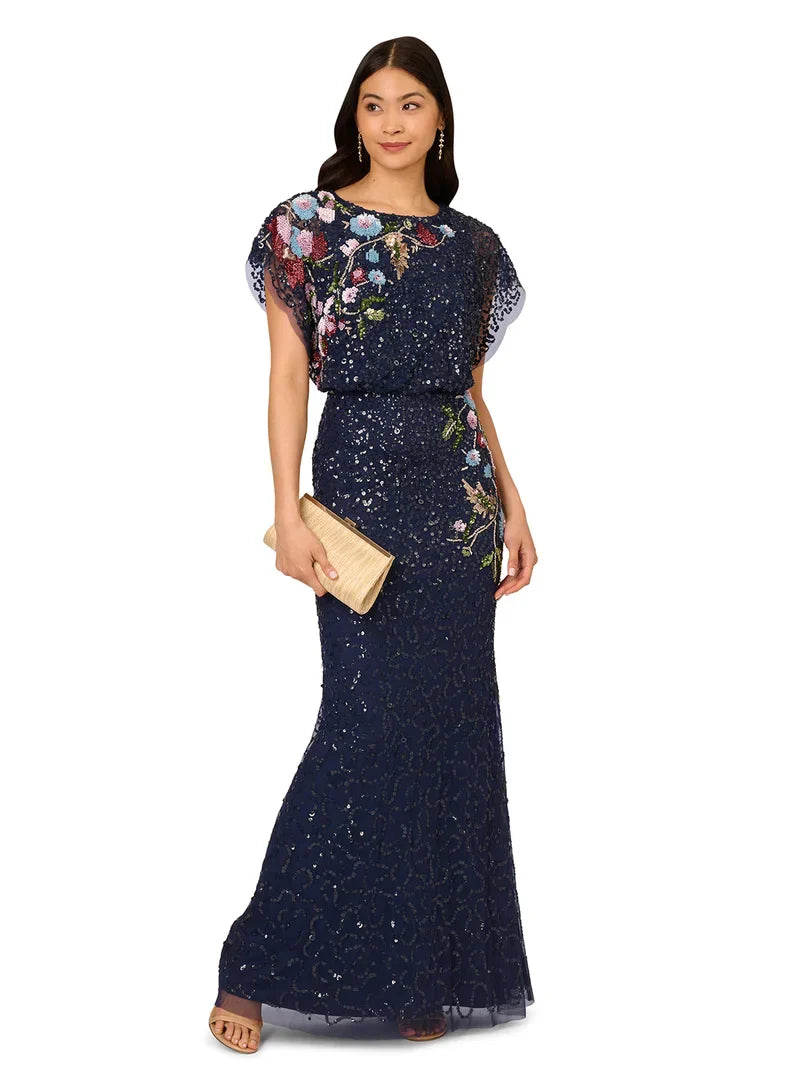 Midnight Multi Crew Neck Floor-Length Sequin Formal Mermaid Gown Floral Embroidery and Flutter Sleeves Adrianna Papell AP1E211531