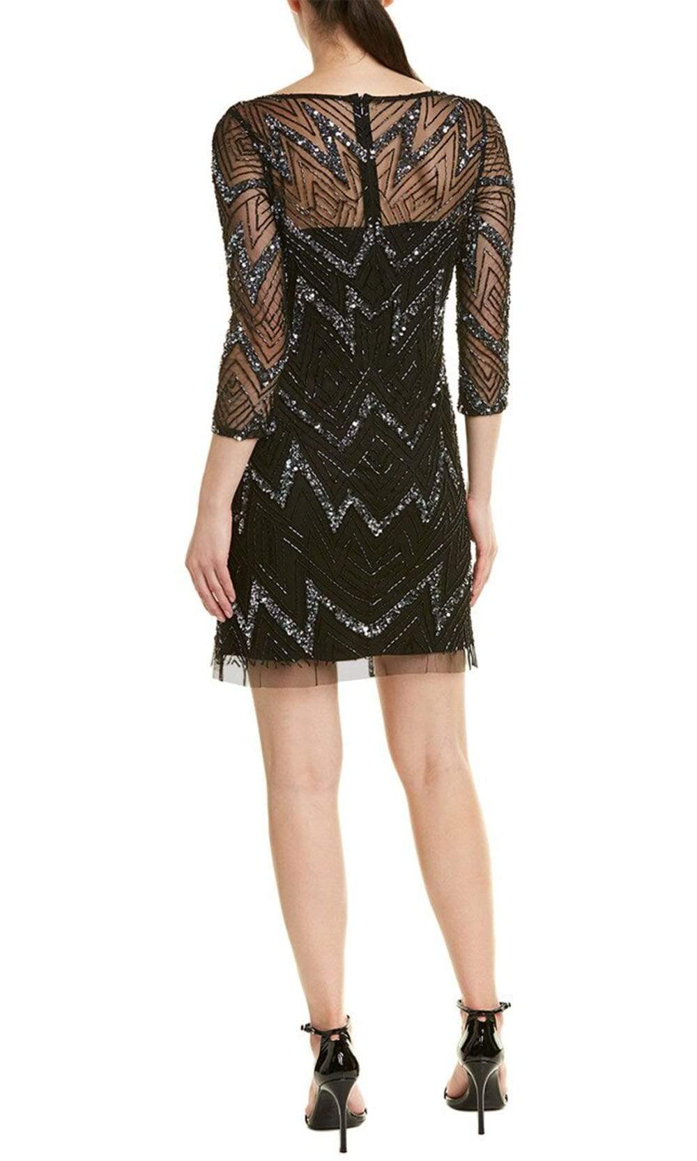 Aidan Mattox Boat Neck Illusion 3/4 Sleeve Zipper Back Embellished Mesh Dress