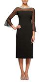Wholesale Short Sheath Crepe Cocktail Dress with Beaded Illusion Neckline & Bell Sleeves Alex Evenings 160146