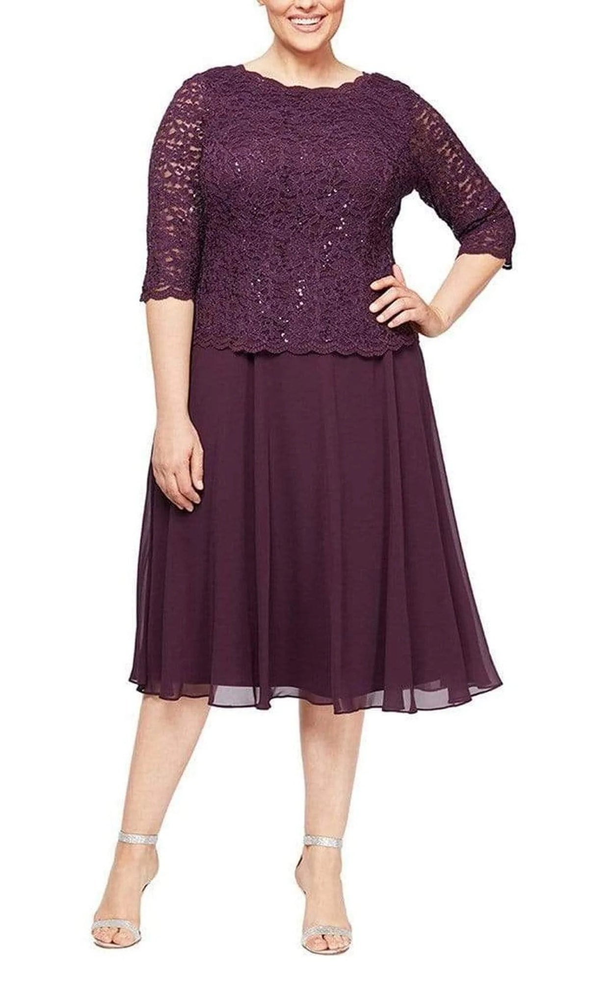 Alex Evenings 4121796 deep plum lace bodice and chiffon tea-length mother of the bride dress